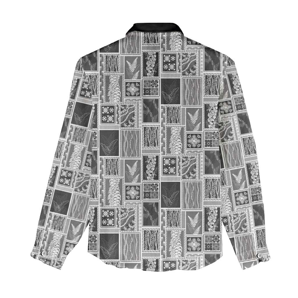 Vintage Aloha Block Quilt Women Casual Shirt Black Inspired Lei Motifs LT9 - Polynesian Pride