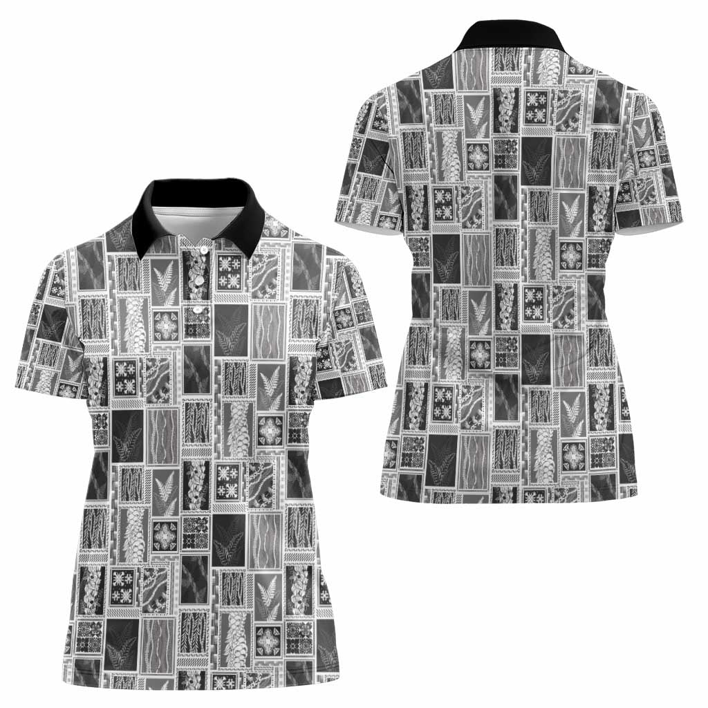 Vintage Aloha Block Quilt Women Polo Shirt Black Inspired Lei Motifs - Polynesian Pride