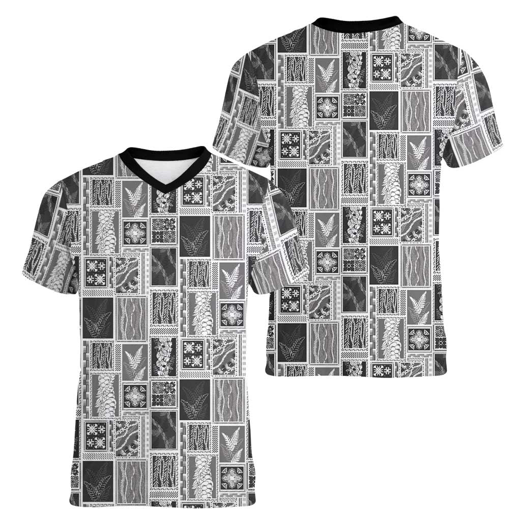Vintage Aloha Block Quilt Women V-Neck T-Shirt Black Inspired Lei Motifs LT9 - Polynesian Pride