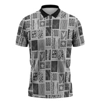 Vintage Aloha Block Quilt Zipper Polo Shirt Black Inspired Lei Motifs LT9 Black - Polynesian Pride