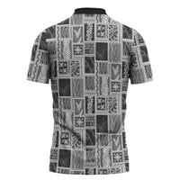 Vintage Aloha Block Quilt Zipper Polo Shirt Black Inspired Lei Motifs LT9 - Polynesian Pride