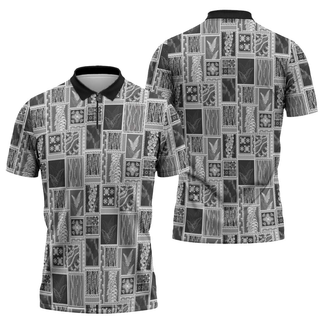 Vintage Aloha Block Quilt Zipper Polo Shirt Black Inspired Lei Motifs LT9 - Polynesian Pride