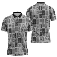 Vintage Aloha Block Quilt Zipper Polo Shirt Black Inspired Lei Motifs LT9 - Polynesian Pride