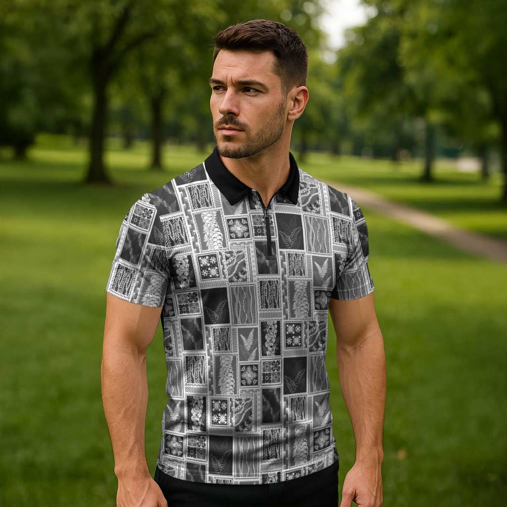 Vintage Aloha Block Quilt Zipper Polo Shirt Black Inspired Lei Motifs LT9 - Polynesian Pride