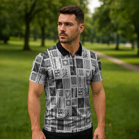 Vintage Aloha Block Quilt Zipper Polo Shirt Black Inspired Lei Motifs LT9 - Polynesian Pride