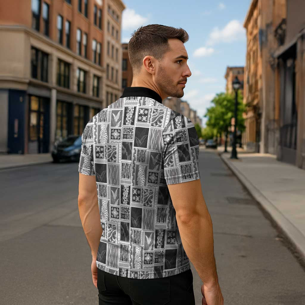 Vintage Aloha Block Quilt Zipper Polo Shirt Black Inspired Lei Motifs LT9 - Polynesian Pride