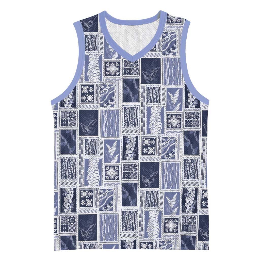 Vintage Aloha Block Quilt Basketball Jersey Blue Inspired Lei Motifs LT9 Unisex Blue - Polynesian Pride