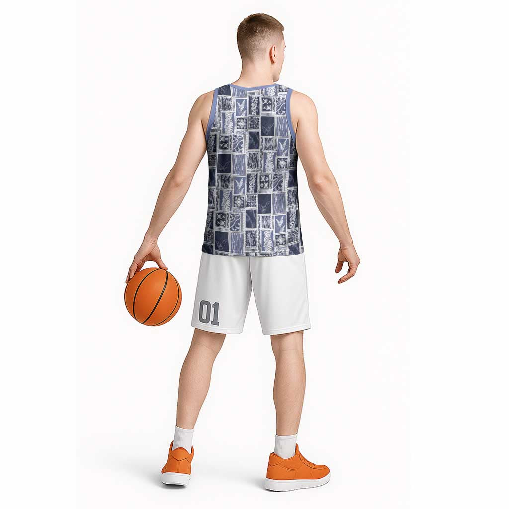 Vintage Aloha Block Quilt Basketball Jersey Blue Inspired Lei Motifs - Polynesian Pride