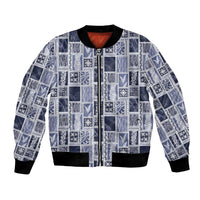 Vintage Aloha Block Quilt Bomber Jacket Blue Inspired Lei Motifs LT9 Unisex Blue - Polynesian Pride