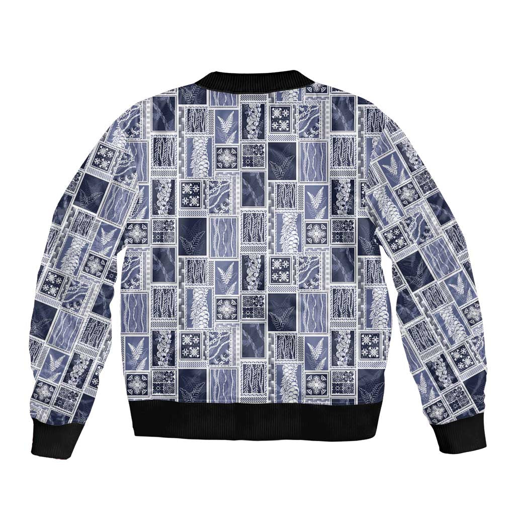 Vintage Aloha Block Quilt Bomber Jacket Blue Inspired Lei Motifs LT9 - Polynesian Pride