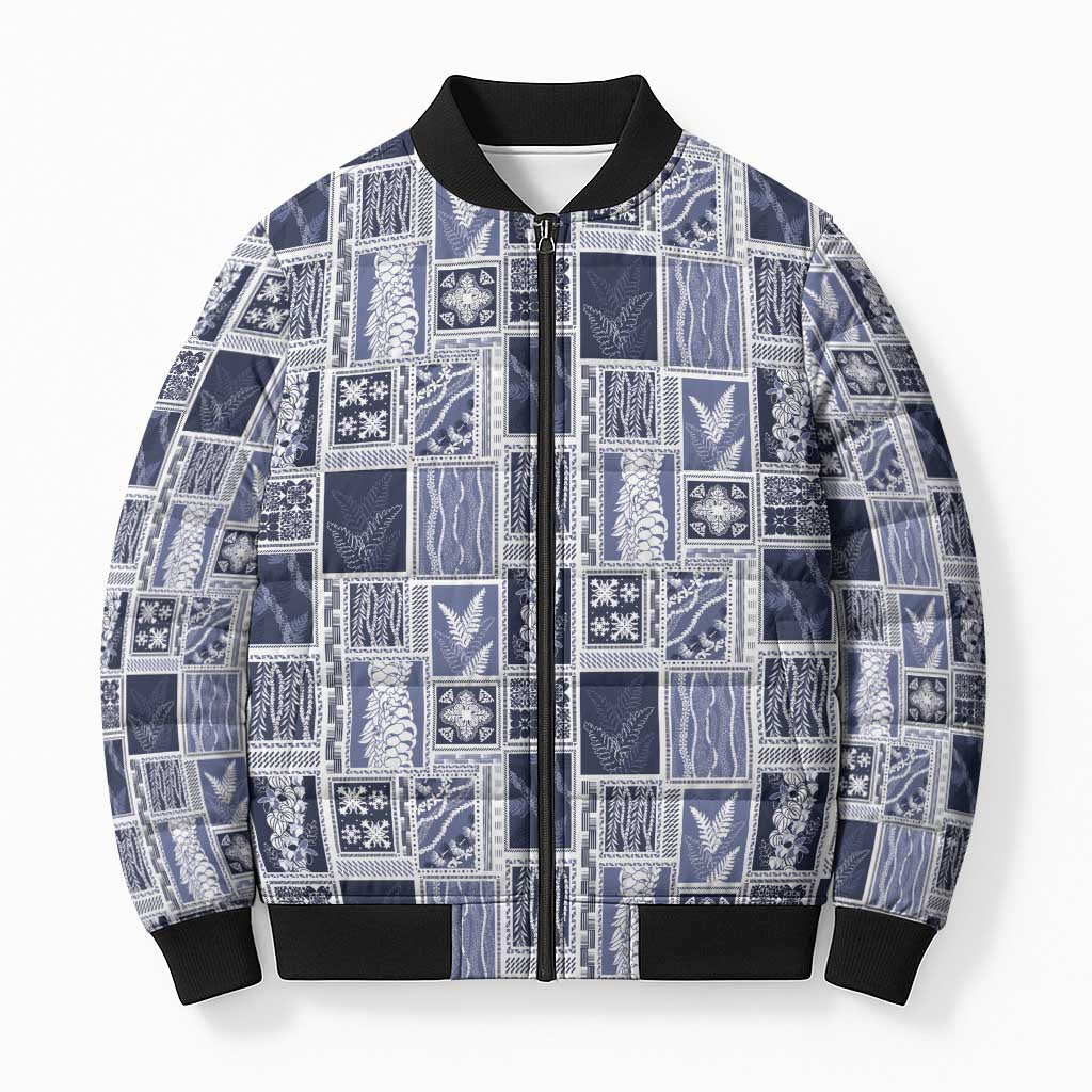 Vintage Aloha Block Quilt Bomber Puffer Jacket Blue Inspired Lei Motifs LT9 Unisex Blue - Polynesian Pride