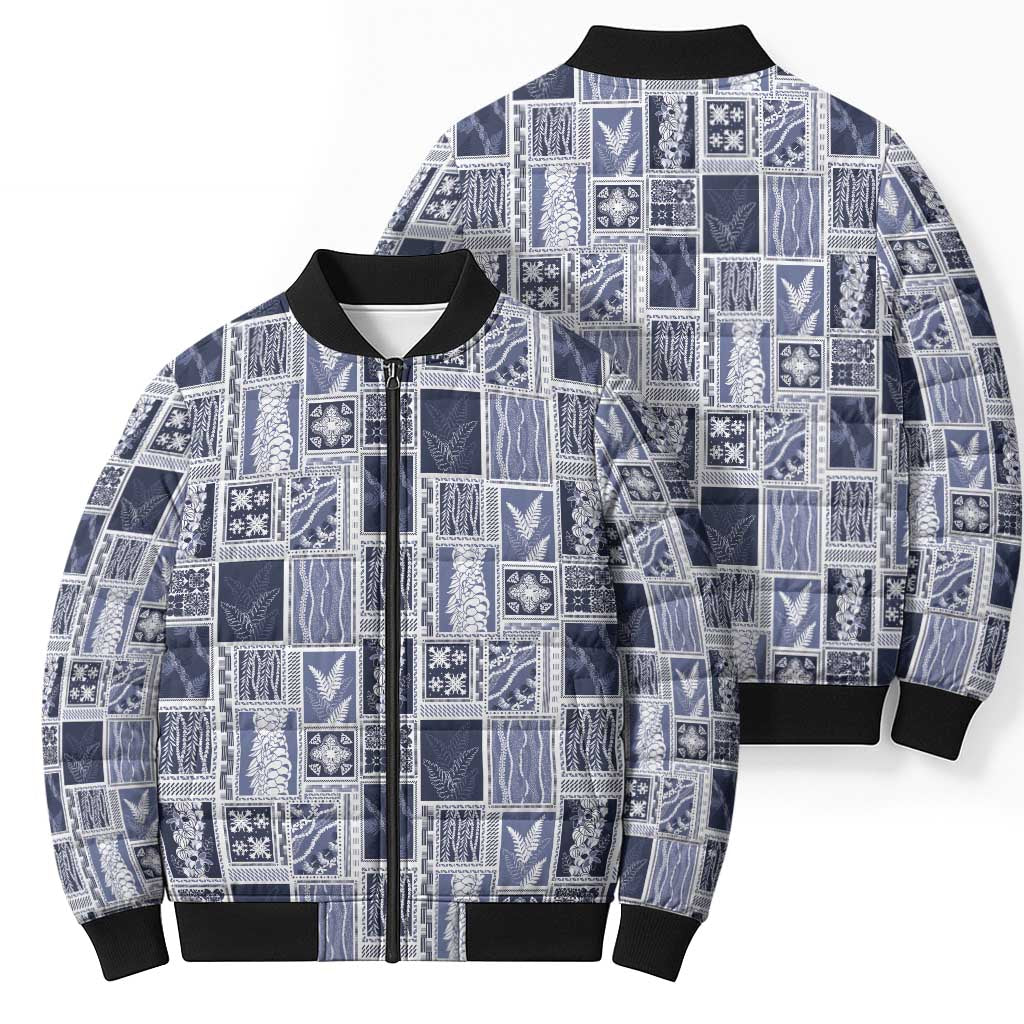Vintage Aloha Block Quilt Bomber Puffer Jacket Blue Inspired Lei Motifs LT9 - Polynesian Pride