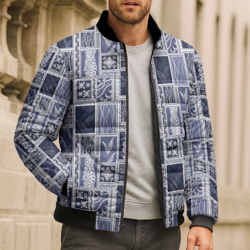 Vintage Aloha Block Quilt Bomber Puffer Jacket Blue Inspired Lei Motifs LT9 - Polynesian Pride