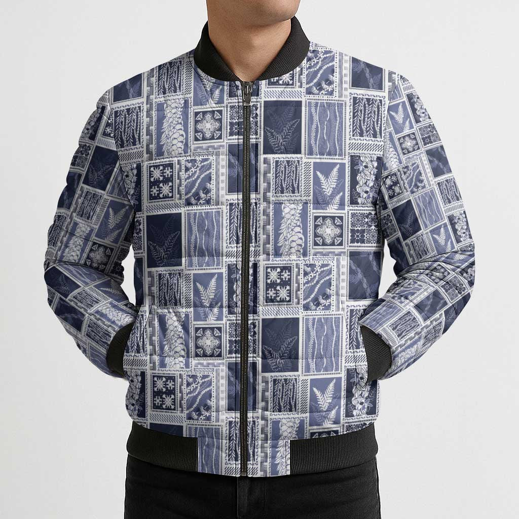 Vintage Aloha Block Quilt Bomber Puffer Jacket Blue Inspired Lei Motifs LT9 - Polynesian Pride