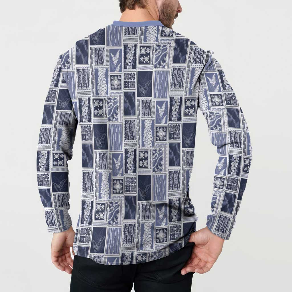 Vintage Aloha Block Quilt Button Sweatshirt Blue Inspired Lei Motifs LT9 - Polynesian Pride