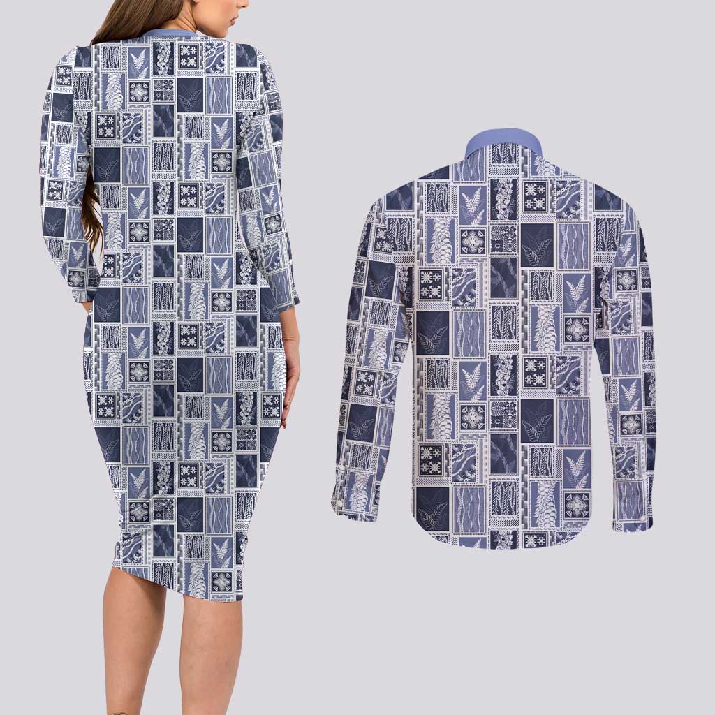 Vintage Aloha Block Quilt Couples Matching Long Sleeve Bodycon Dress and Long Sleeve Button Shirt Blue Inspired Lei Motifs LT9 - Polynesian Pride