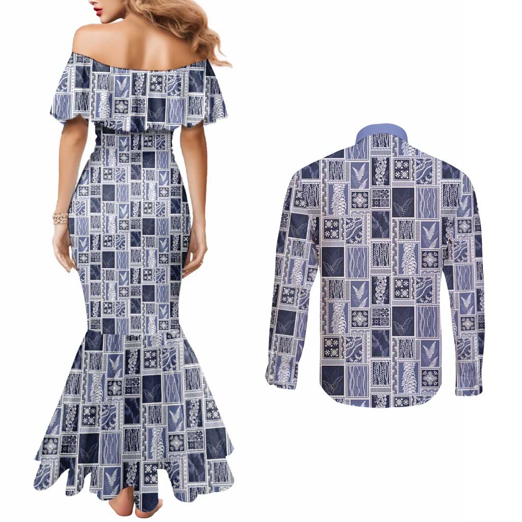 Vintage Aloha Block Quilt Couples Matching Mermaid Dress and Long Sleeve Button Shirt Blue Inspired Lei Motifs LT9 - Polynesian Pride