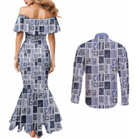 Vintage Aloha Block Quilt Couples Matching Mermaid Dress and Long Sleeve Button Shirt Blue Inspired Lei Motifs LT9 - Polynesian Pride