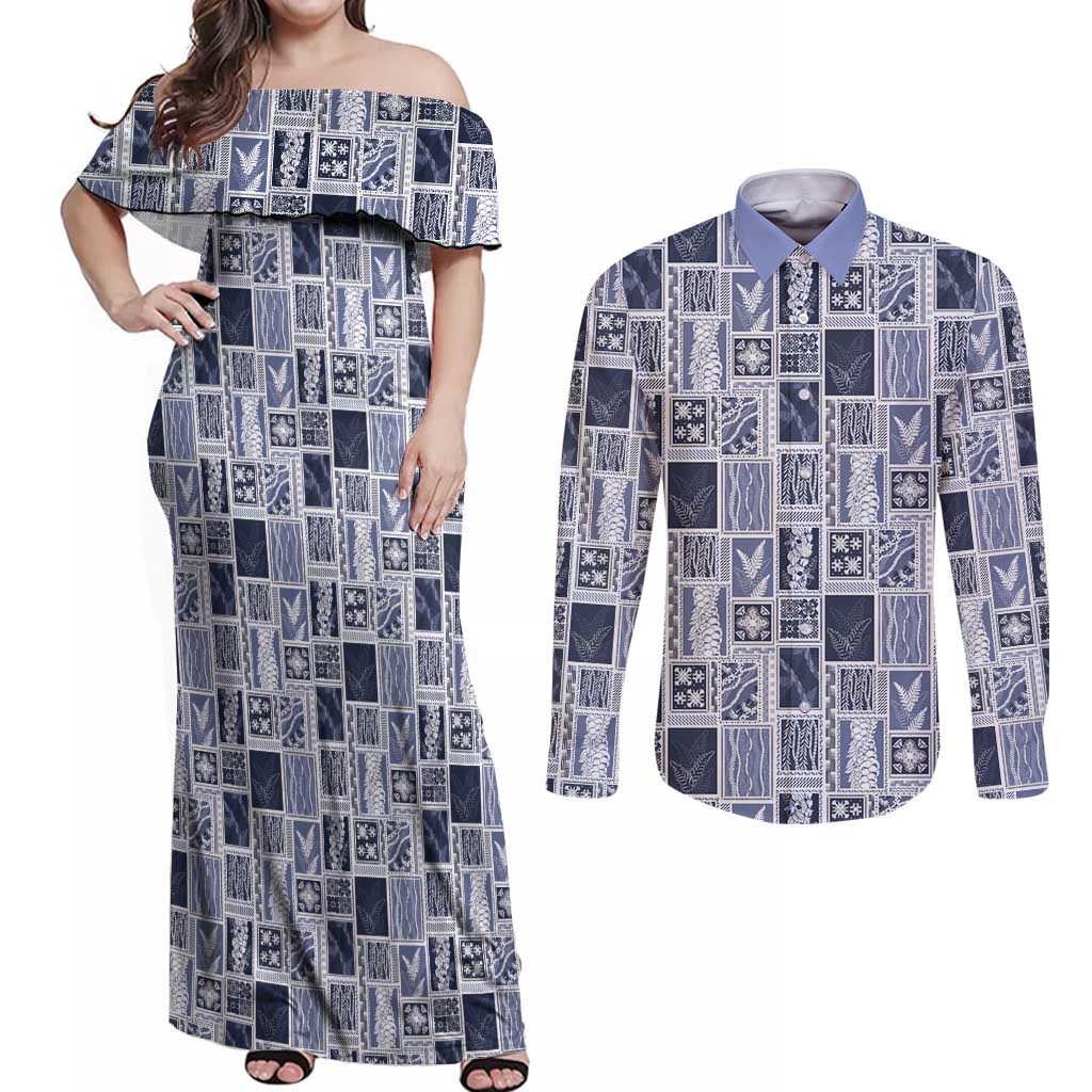 Vintage Aloha Block Quilt Couples Matching Off Shoulder Maxi Dress and Long Sleeve Button Shirt Blue Inspired Lei Motifs LT9 Blue - Polynesian Pride