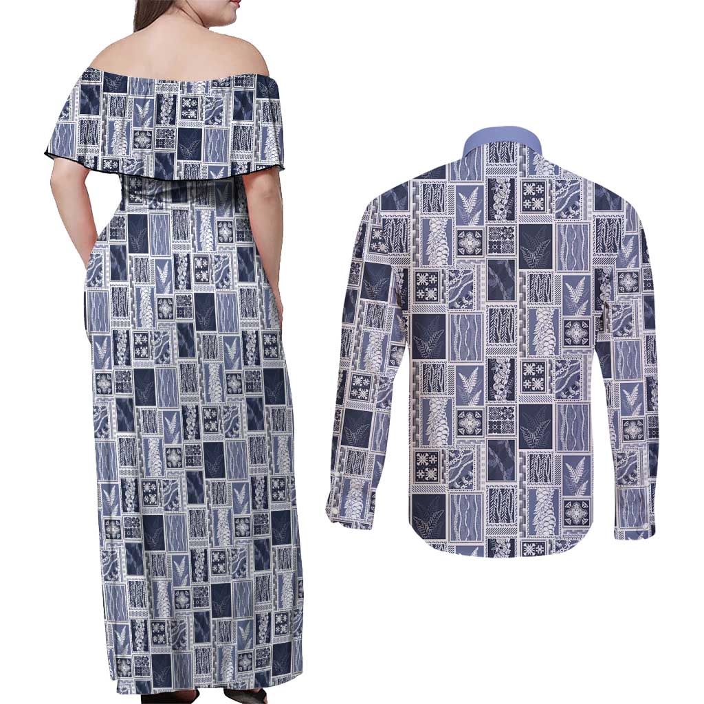 Vintage Aloha Block Quilt Couples Matching Off Shoulder Maxi Dress and Long Sleeve Button Shirt Blue Inspired Lei Motifs LT9 - Polynesian Pride