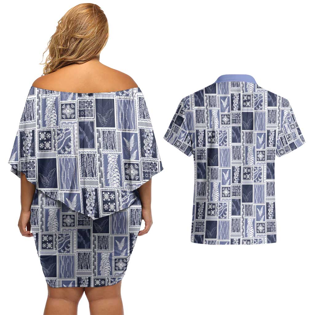 Vintage Aloha Block Quilt Couples Matching Off Shoulder Short Dress and Hawaiian Shirt Blue Inspired Lei Motifs - Polynesian Pride