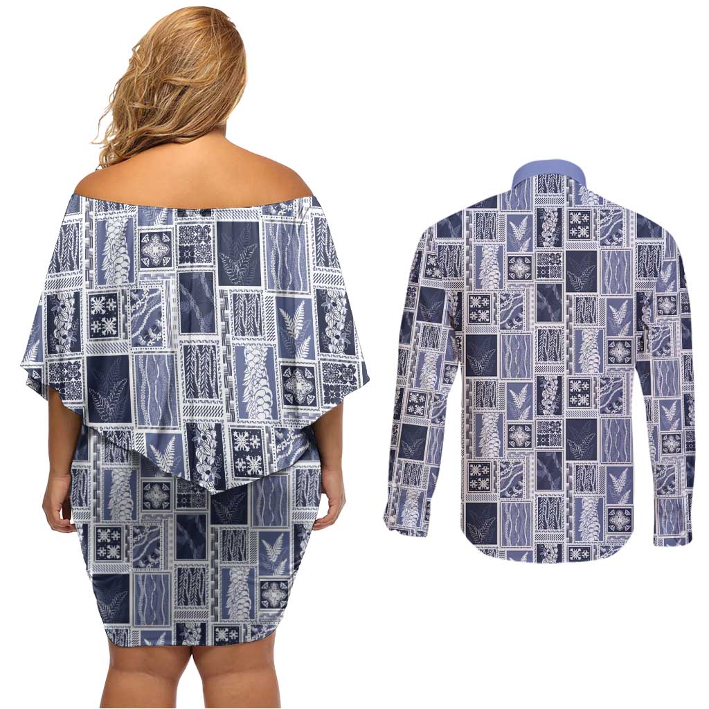 Vintage Aloha Block Quilt Couples Matching Off Shoulder Short Dress and Long Sleeve Button Shirt Blue Inspired Lei Motifs LT9 - Polynesian Pride