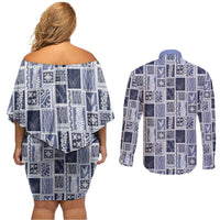 Vintage Aloha Block Quilt Couples Matching Off Shoulder Short Dress and Long Sleeve Button Shirt Blue Inspired Lei Motifs LT9 - Polynesian Pride