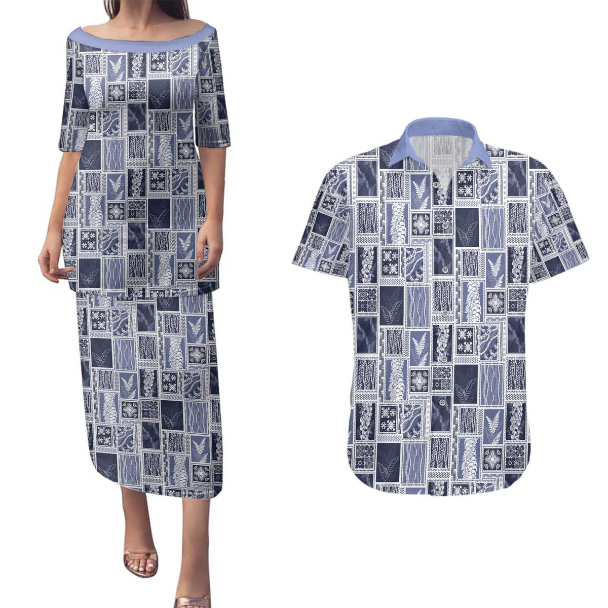 Vintage Aloha Block Quilt Couples Matching Puletasi and Hawaiian Shirt Blue Inspired Lei Motifs - Polynesian Pride