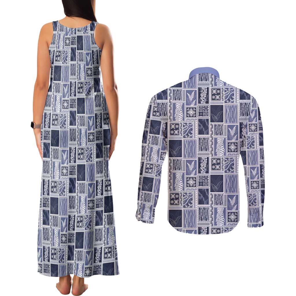 Vintage Aloha Block Quilt Couples Matching Tank Maxi Dress and Long Sleeve Button Shirt Blue Inspired Lei Motifs - Polynesian Pride