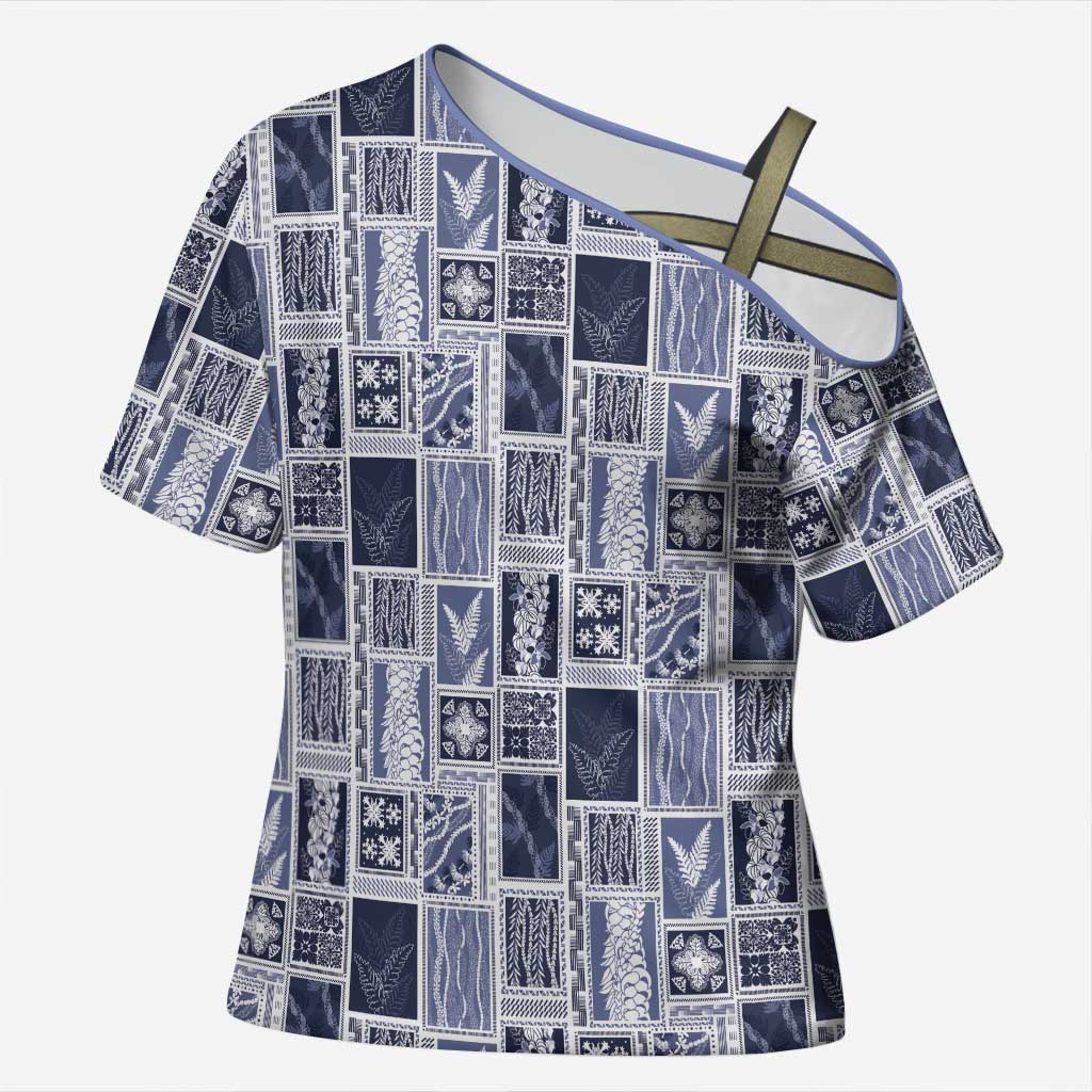Vintage Aloha Block Quilt Cross Shoulder Shirt Blue Inspired Lei Motifs LT9 Female Blue - Polynesian Pride