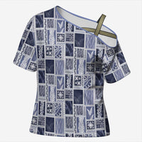Vintage Aloha Block Quilt Cross Shoulder Shirt Blue Inspired Lei Motifs - Polynesian Pride