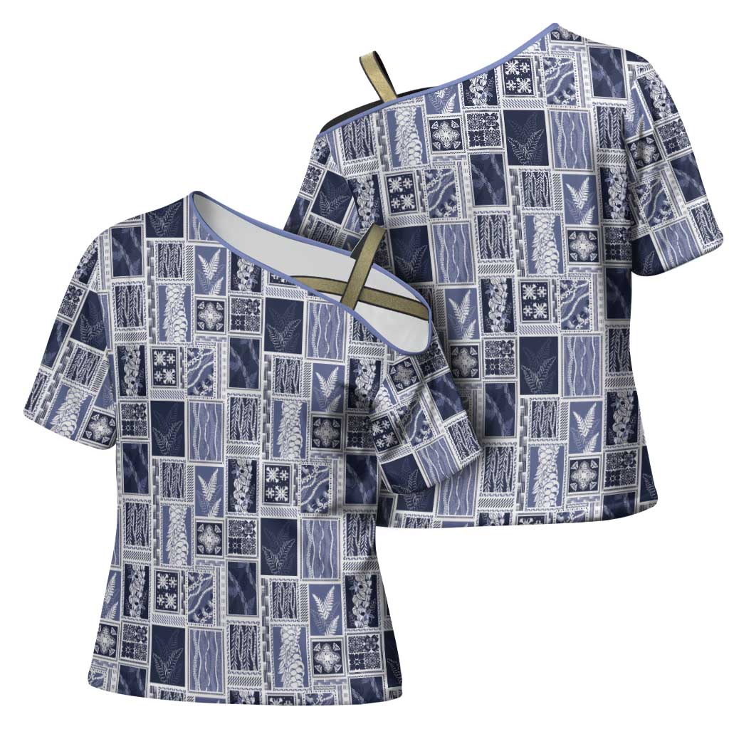 Vintage Aloha Block Quilt Cross Shoulder Shirt Blue Inspired Lei Motifs - Polynesian Pride