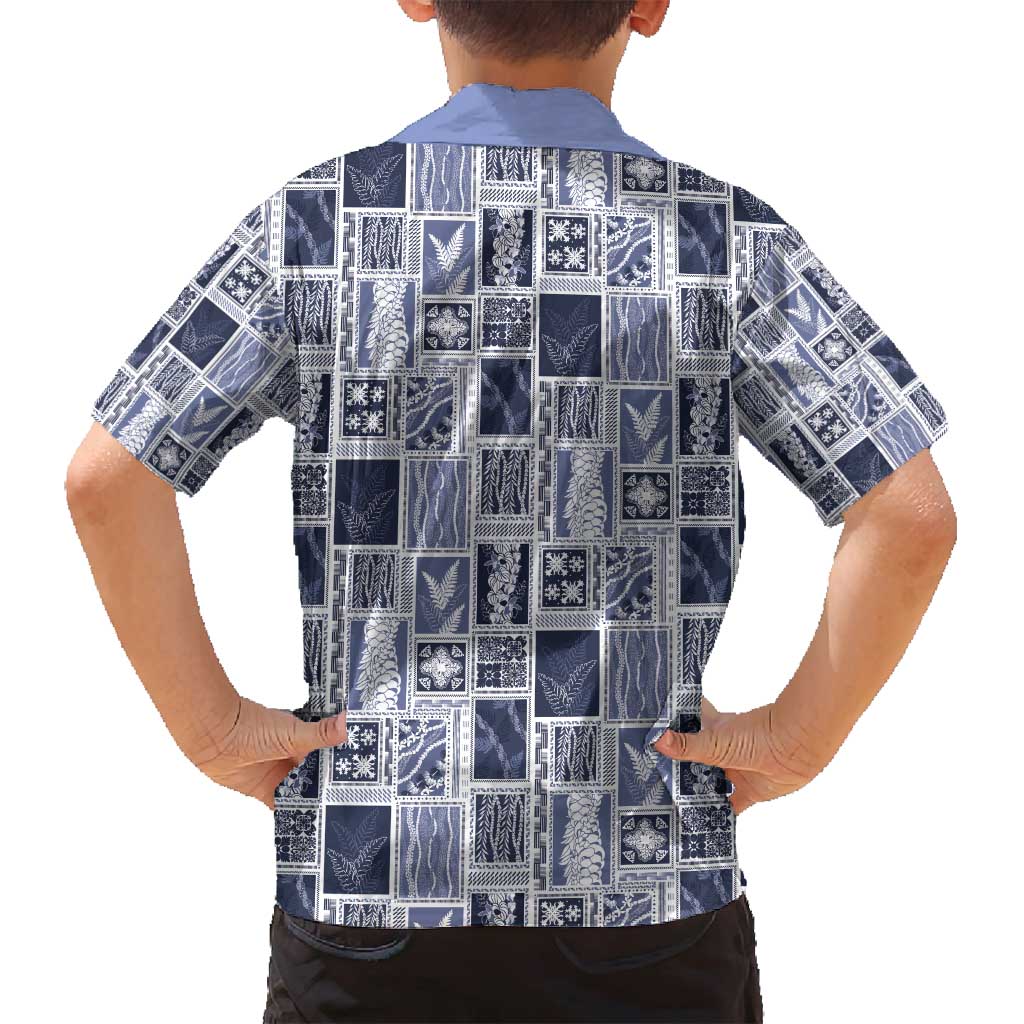 Vintage Aloha Block Quilt Family Matching Off Shoulder Short Dress and Hawaiian Shirt Blue Inspired Lei Motifs - Polynesian Pride