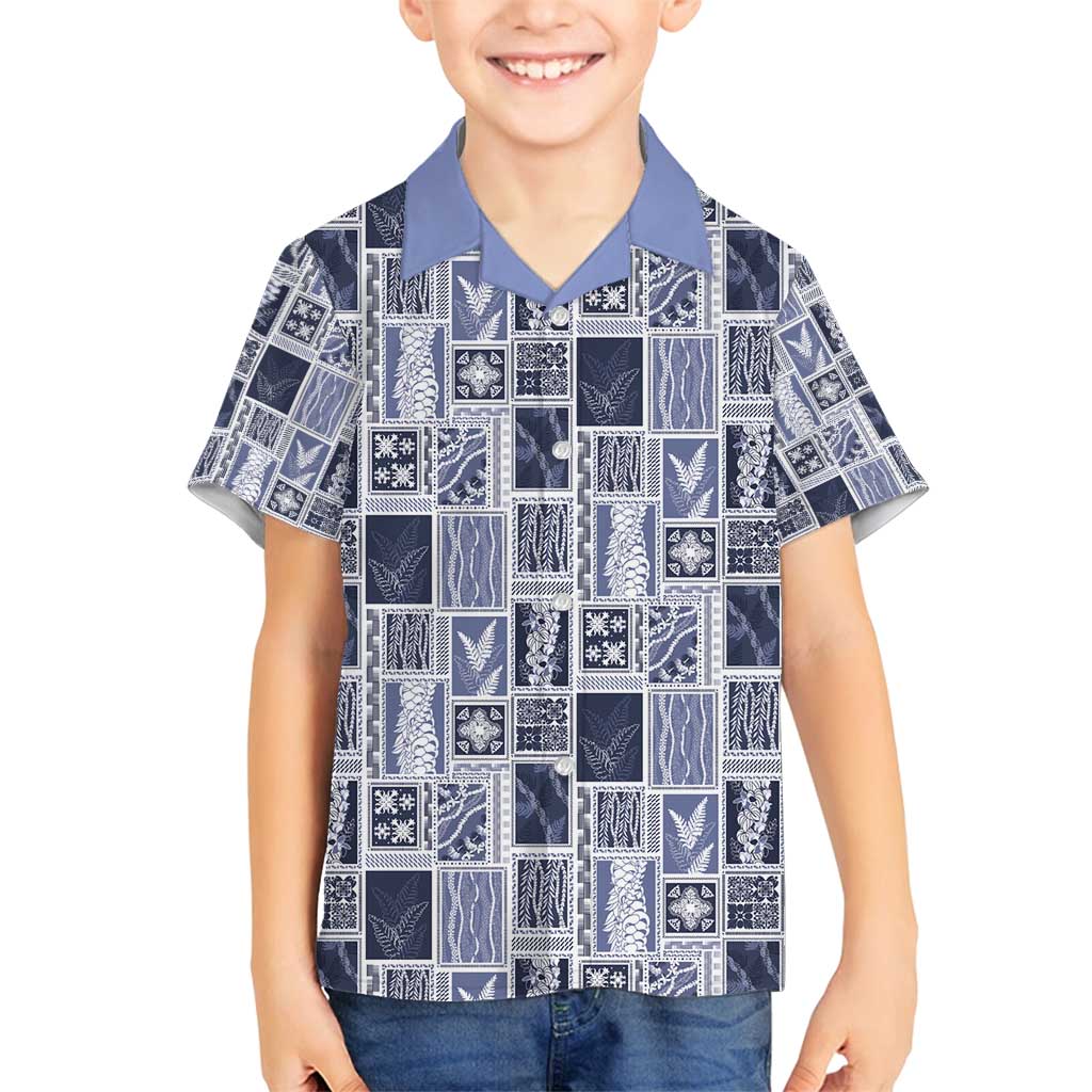 Vintage Aloha Block Quilt Family Matching Off Shoulder Short Dress and Hawaiian Shirt Blue Inspired Lei Motifs - Polynesian Pride