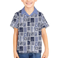 Vintage Aloha Block Quilt Family Matching Off Shoulder Short Dress and Hawaiian Shirt Blue Inspired Lei Motifs - Polynesian Pride