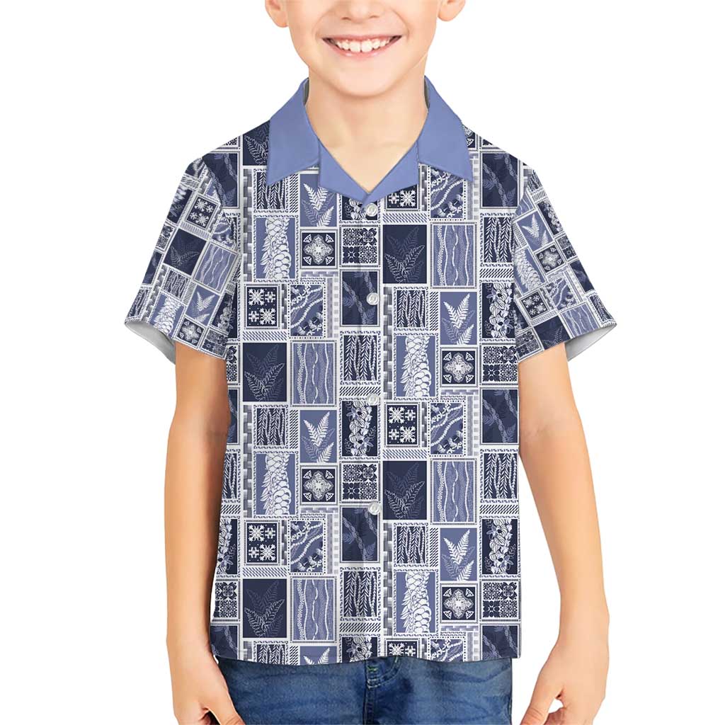 Vintage Aloha Block Quilt Family Matching Short Sleeve Bodycon Dress and Hawaiian Shirt Blue Inspired Lei Motifs - Polynesian Pride