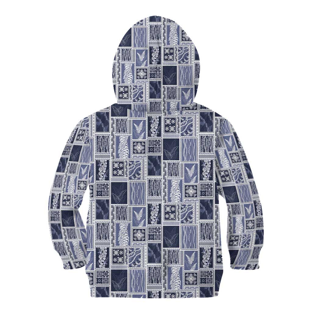 Vintage Aloha Block Quilt Kid Hoodie Blue Inspired Lei Motifs - Polynesian Pride