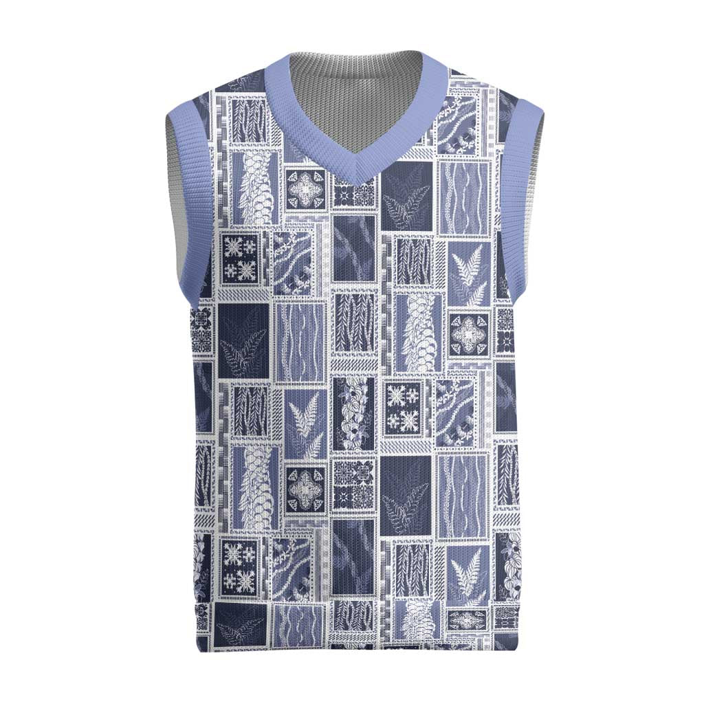 Vintage Aloha Block Quilt Christmas Knitted V-Neck Vest Blue Inspired Lei Motifs - Polynesian Pride