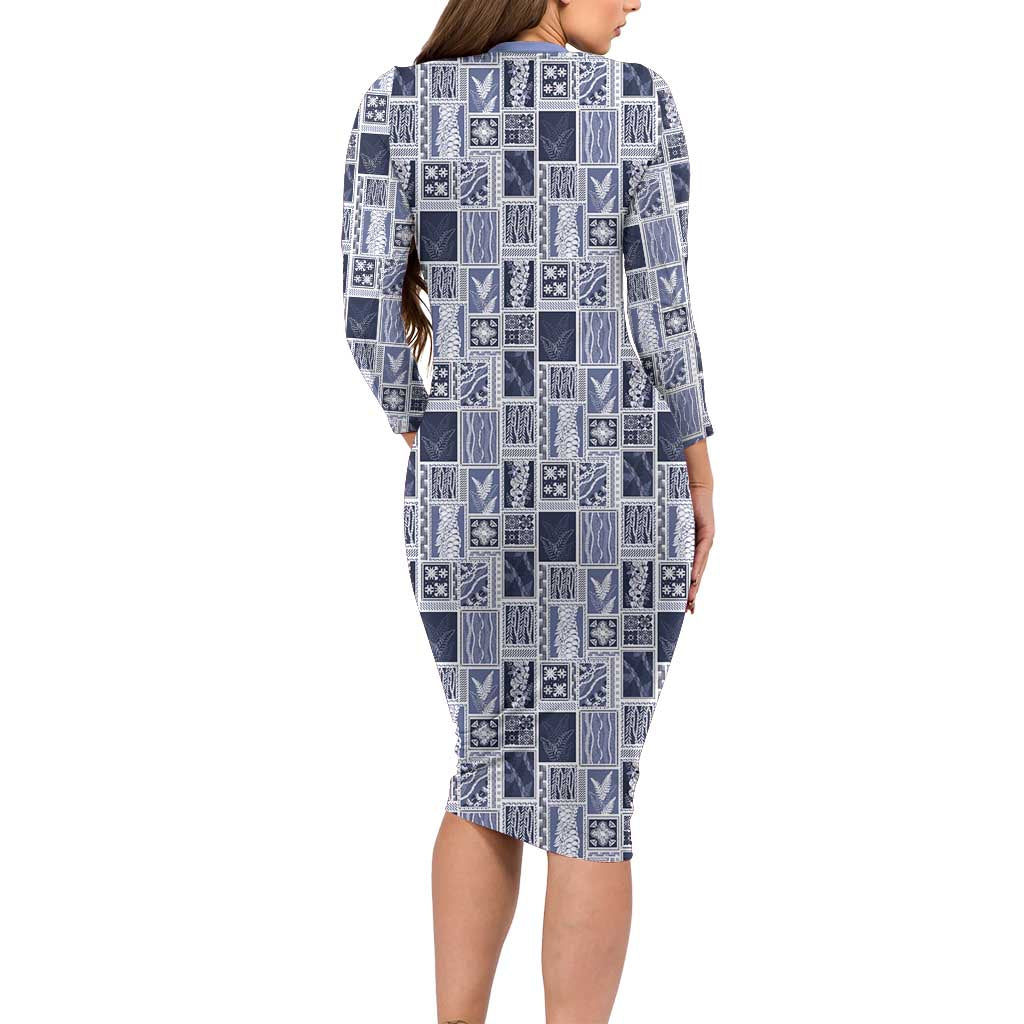 Vintage Aloha Block Quilt Long Sleeve Bodycon Dress Blue Inspired Lei Motifs - Polynesian Pride