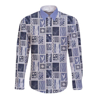 Vintage Aloha Block Quilt Long Sleeve Button Shirt Blue Inspired Lei Motifs LT9 Unisex Blue - Polynesian Pride