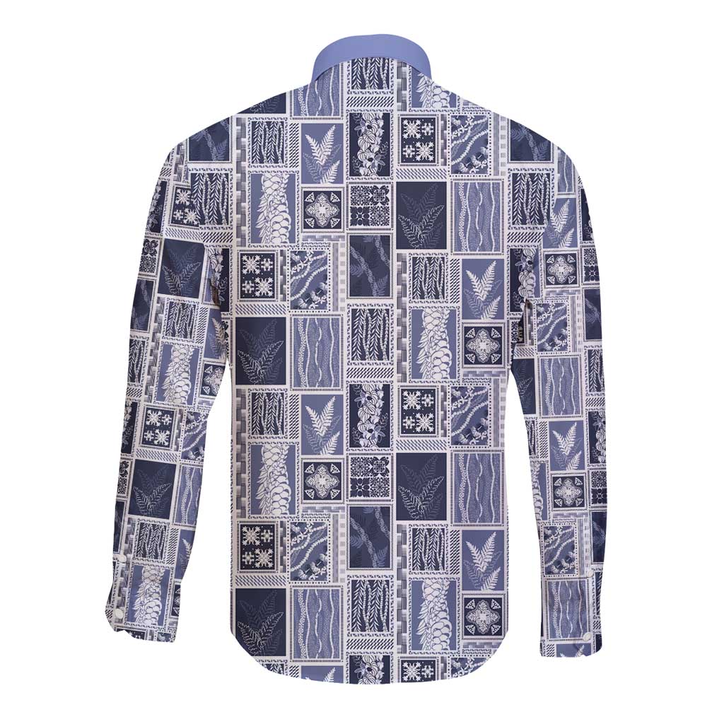 Vintage Aloha Block Quilt Long Sleeve Button Shirt Blue Inspired Lei Motifs LT9 - Polynesian Pride