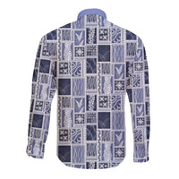 Vintage Aloha Block Quilt Long Sleeve Button Shirt Blue Inspired Lei Motifs LT9 - Polynesian Pride