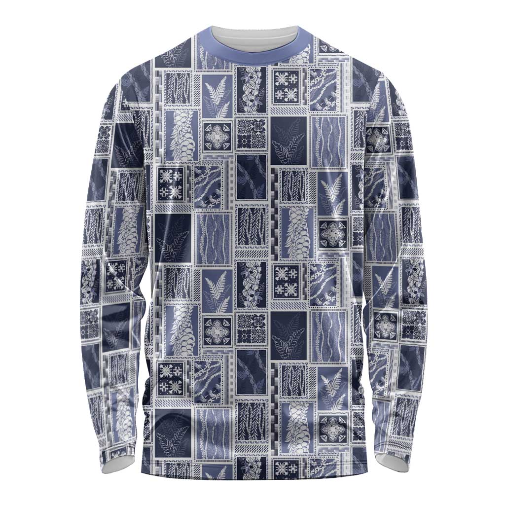 Vintage Aloha Block Quilt Long Sleeve Shirt Blue Inspired Lei Motifs LT9 Unisex Blue - Polynesian Pride
