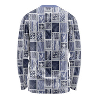 Vintage Aloha Block Quilt Long Sleeve Shirt Blue Inspired Lei Motifs - Polynesian Pride