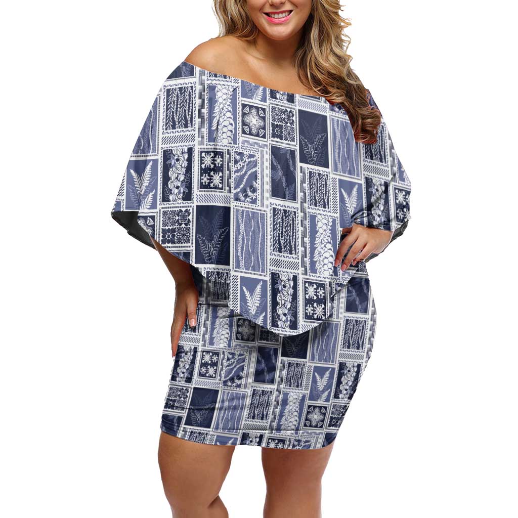 Vintage Aloha Block Quilt Off Shoulder Short Dress Blue Inspired Lei Motifs - Polynesian Pride