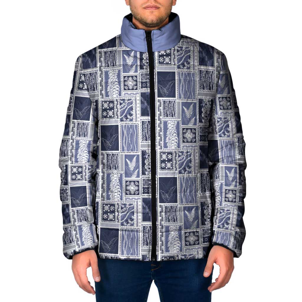 Vintage Aloha Block Quilt Padded Jacket Blue Inspired Lei Motifs LT9 Men Blue - Polynesian Pride