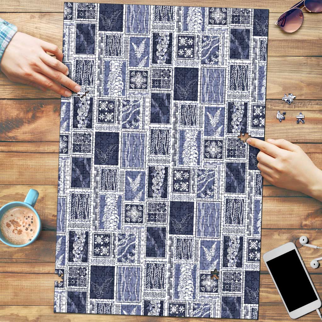 Vintage Aloha Block Quilt Puzzle Blue Inspired Lei Motifs LT9 Blue - Polynesian Pride