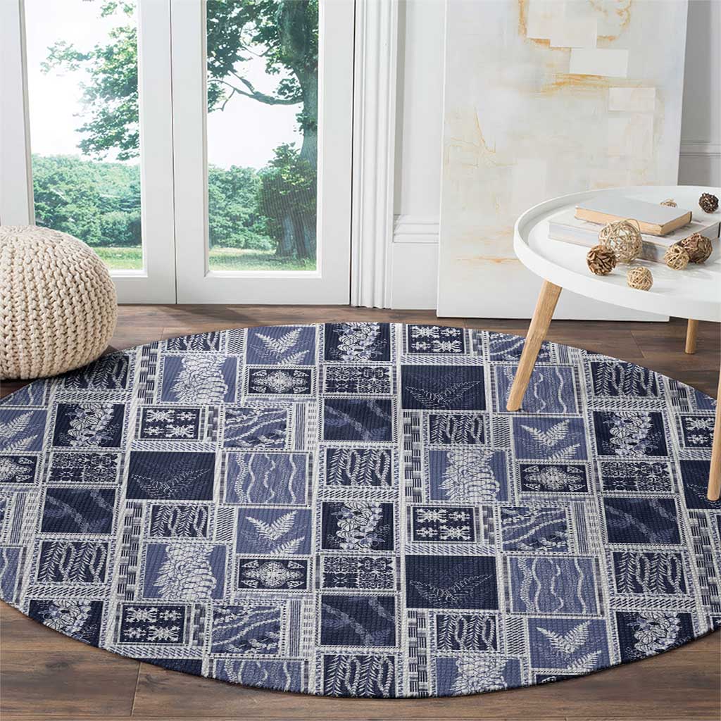 Vintage Aloha Block Quilt Round Carpet Blue Inspired Lei Motifs - Polynesian Pride