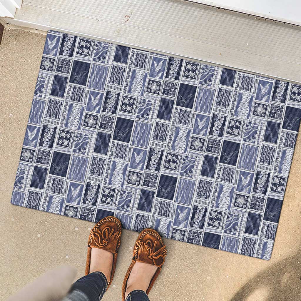 Vintage Aloha Block Quilt Rubber Doormat Blue Inspired Lei Motifs - Polynesian Pride