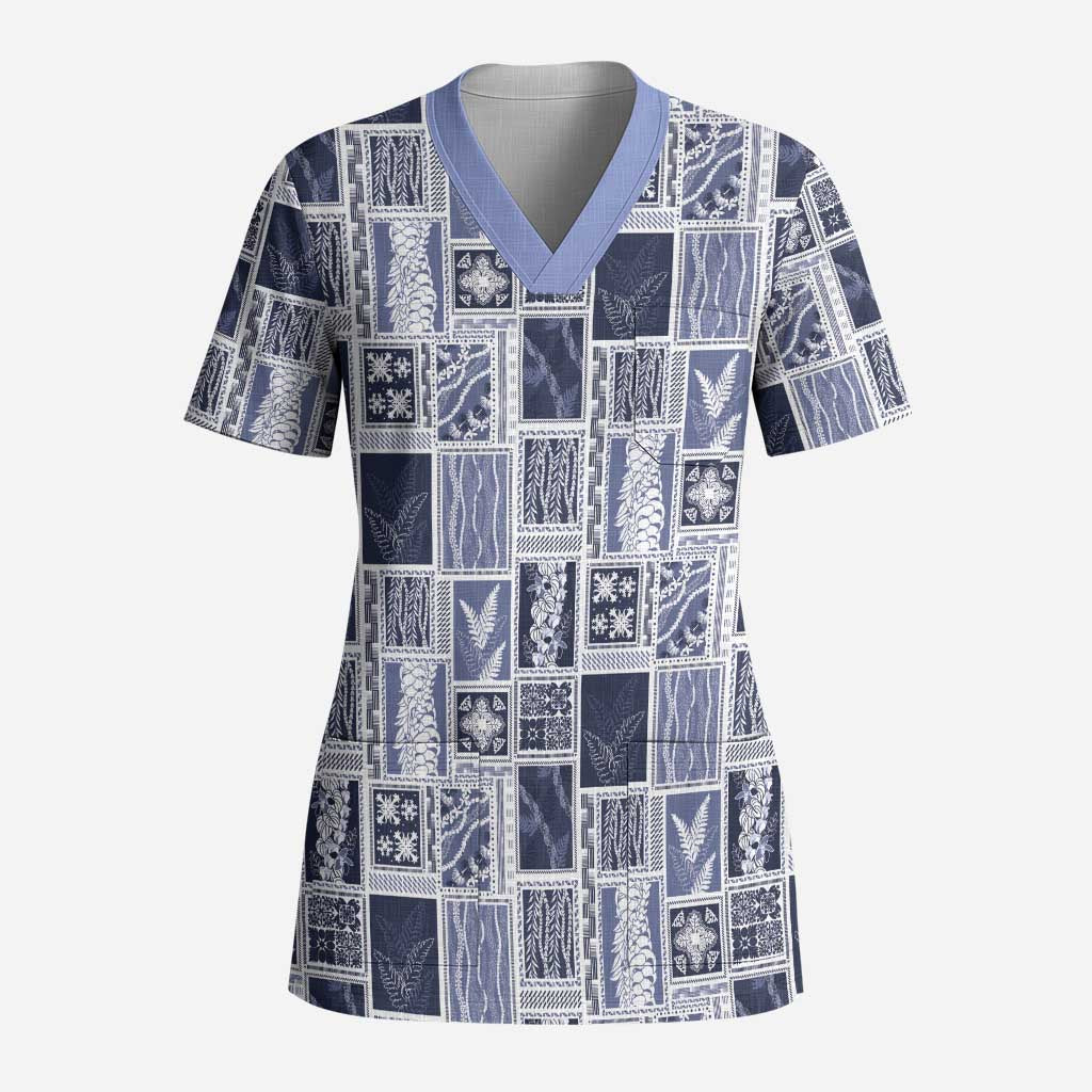 Vintage Aloha Block Quilt Scrub Top Blue Inspired Lei Motifs LT9 Adult Blue - Polynesian Pride